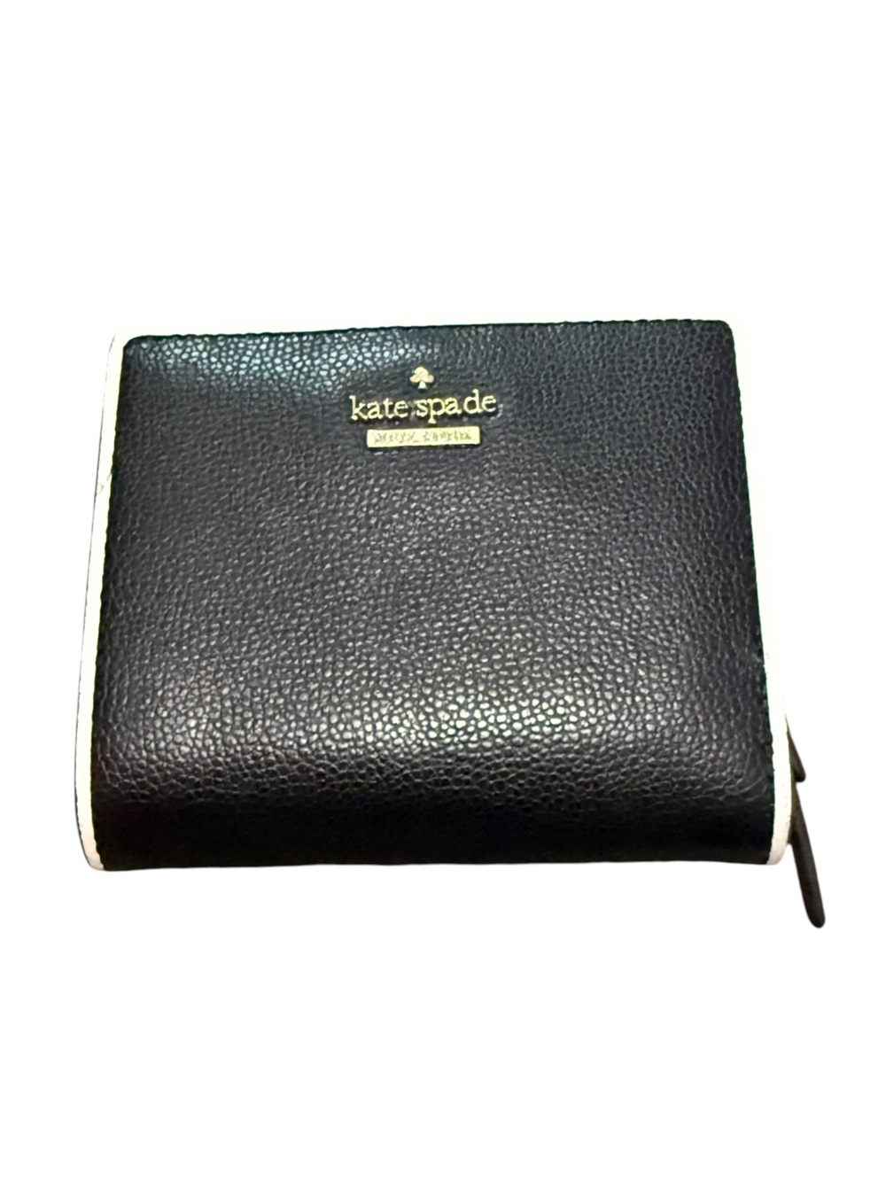 kate spade Black Pebbled Leather Bifold Wallet with White Trim